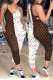 Dark Brown Casual Print Patchwork Spaghetti Strap Jumpsuits