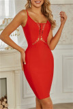 Red Sexy Formal Solid Hollowed Out Patchwork Backless Spaghetti Strap Sleeveless Dress