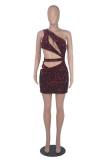 Burgundy Sexy Patchwork Sequins One Shoulder Pencil Skirt Dresses