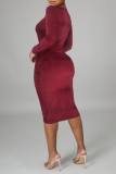 Blue Sexy Solid Hollowed Out O Neck Pencil Skirt Dresses