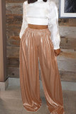 Champagne Casual Solid Patchwork High Waist Straight Solid Color Bottoms