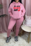 Pink Casual Print Draw String Letter Hooded Collar Long Sleeve Two Pieces