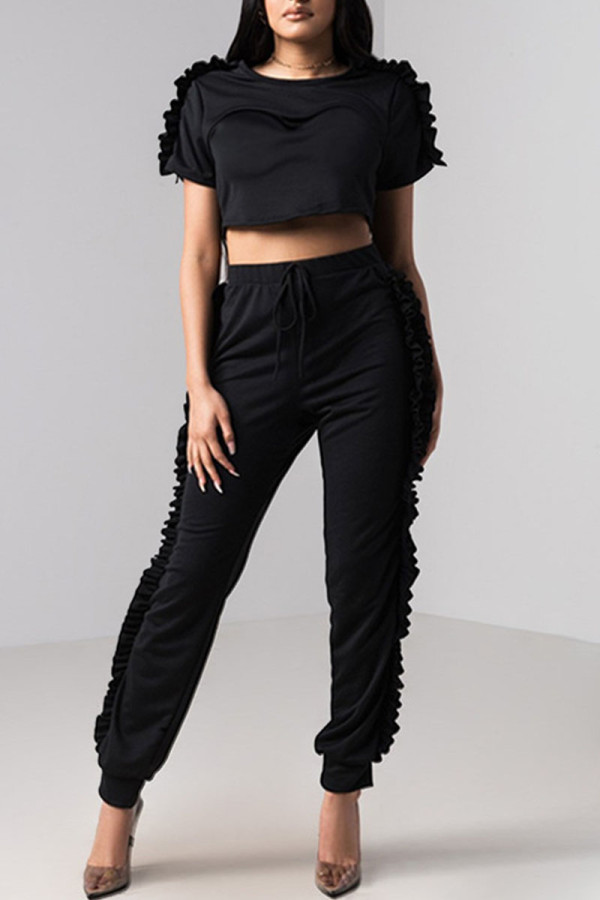 Black Casual Solid Patchwork Stringy Selvedge O Neck Short Sleeve Two Pieces