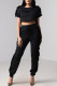 Black Casual Solid Patchwork Stringy Selvedge O Neck Short Sleeve Two Pieces