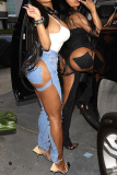 Blue Sexy Street Print Solid See-through Skinny Mid Waist Pencil Patchwork Bottoms