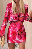 Apricot Casual Print Patchwork Buckle Turndown Collar Long Sleeve Two Pieces