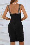 Black Sexy Formal Patchwork Backless Spaghetti Strap Sleeveless Dress