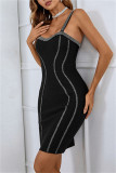 Black Sexy Formal Patchwork Backless Spaghetti Strap Sleeveless Dress