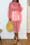 Pink Casual Solid See-through Flounce Half A Turtleneck Straight Dresses