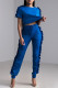 Blue Casual Solid Patchwork Stringy Selvedge O Neck Short Sleeve Two Pieces