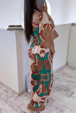 Brown Casual Print Patchwork V Neck Loose Jumpsuits
