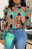 Cyan Casual Print Bandage Patchwork Half A Turtleneck Tops