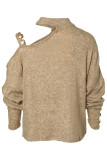 Khaki Casual Print Hollowed Out Turtleneck Tops