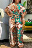 Brown Casual Print Patchwork V Neck Loose Jumpsuits