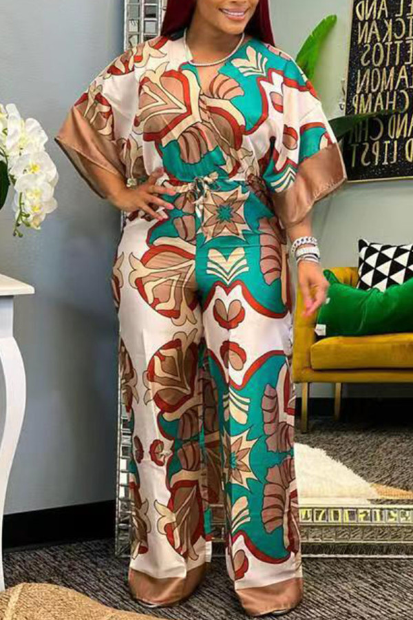 Brown Casual Print Patchwork V Neck Loose Jumpsuits