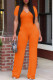 Orange Fashion Casual Solid Basic V Neck Regular Jumpsuits