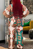 Brown Casual Print Patchwork V Neck Loose Jumpsuits