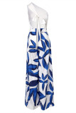 Blue Sexy Casual Patchwork Print Bandage Backless Oblique Collar Regular Jumpsuits