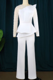 White Elegant Solid Patchwork Beading O Neck Jumpsuits
