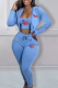 Light Blue Casual Print Patchwork Hooded Collar Long Sleeve Three Pieces