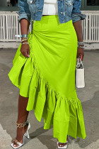 Green Casual Solid Patchwork Asymmetrical Regular High Waist Skirt