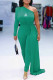 Green Elegant Print Letter One Shoulder Jumpsuits
