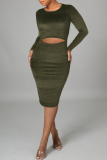 Blue Sexy Solid Hollowed Out O Neck Pencil Skirt Dresses