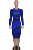 Blue Sexy Print Polka Dot Hollowed Out Patchwork U Neck Pencil Skirt Dresses