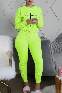 Fluorescent Green Casual Print Fold O Neck Long Sleeve Two Pieces