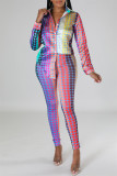 Red Casual Print Patchwork Turndown Collar Long Sleeve Two Pieces