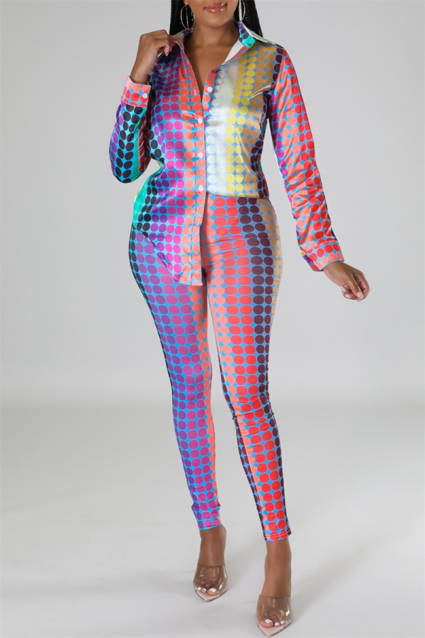 Red Casual Print Patchwork Turndown Collar Long Sleeve Two Pieces