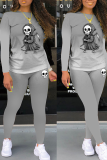 Black Party Print Skull O Neck Long Sleeve Two Pieces