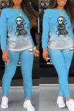 Blue Party Print Skull O Neck Long Sleeve Two Pieces