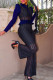 Deep Blue Sexy Solid Patchwork Flounce Turndown Collar Long Sleeve Two Pieces