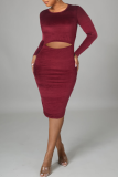 Blue Sexy Solid Hollowed Out O Neck Pencil Skirt Dresses