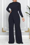 Rose Red Casual Solid Patchwork O Neck Straight Jumpsuits
