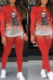Rose Red Party Print Skull O Neck Long Sleeve Two Pieces