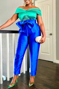 Blue Casual Solid Patchwork With Bow Off the Shoulder Straight Jumpsuits
