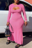 Pink Street Solid Hollowed Out O Neck Pencil Skirt Dresses