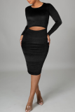 Blue Sexy Solid Hollowed Out O Neck Pencil Skirt Dresses