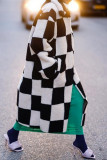 Black White Casual Plaid Patchwork Cardigan Turndown Collar Outerwear