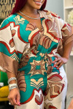 Brown Casual Print Patchwork V Neck Loose Jumpsuits
