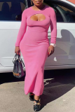 Pink Street Solid Hollowed Out O Neck Pencil Skirt Dresses