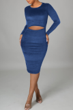 Blue Sexy Solid Hollowed Out O Neck Pencil Skirt Dresses