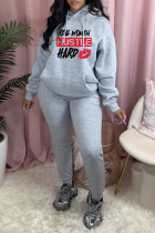 Grey Casual Print Draw String Letter Hooded Collar Long Sleeve Two Pieces