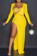 Yellow Sexy Solid Lace Patchwork Asymmetrical Hot Drill Asymmetrical Collar Long Sleeve Two Pieces