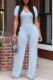 Baby Blue Fashion Casual Solid Basic V Neck Regular Jumpsuits