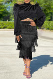 Red Elegant Solid Tassel Patchwork Turtleneck Long Sleeve Two Pieces