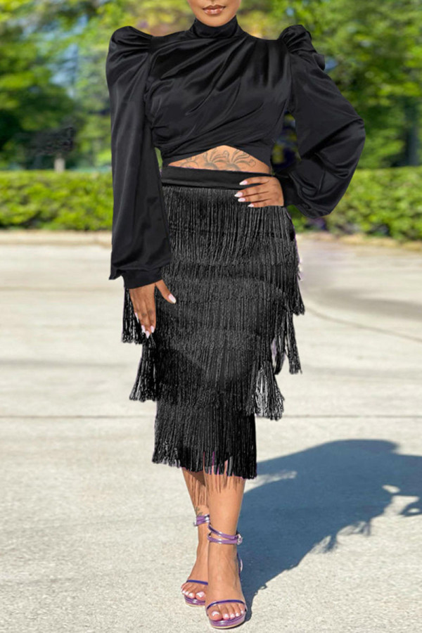 Black Elegant Solid Tassel Patchwork Turtleneck Long Sleeve Two Pieces