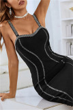 Black Sexy Formal Patchwork Backless Spaghetti Strap Sleeveless Dress